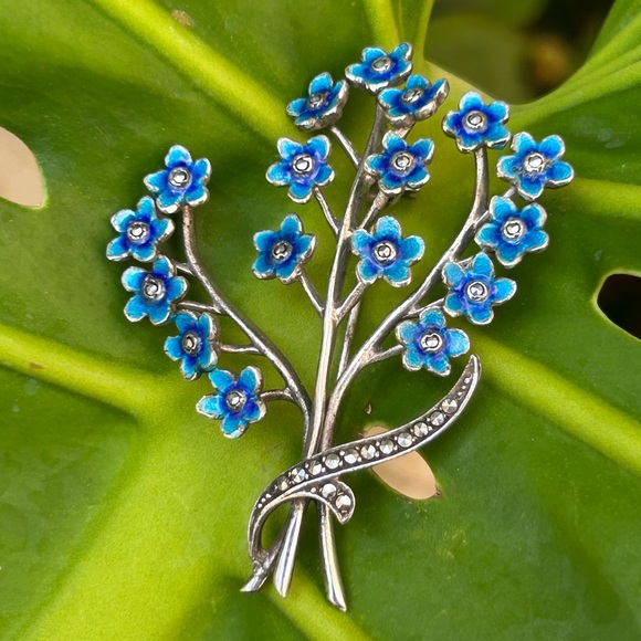 Vintage 1930s Germany Sterling Silver Enamel Marcasite Flower Bouquet Brooch pin